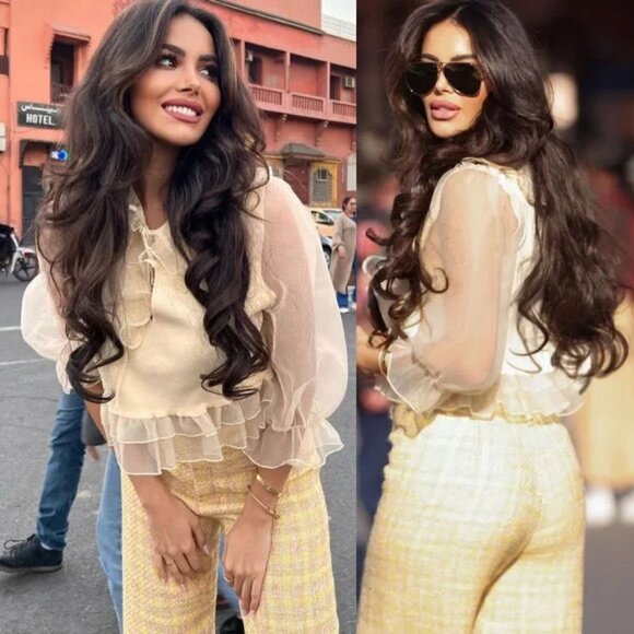 Zara Peterpan Collar Sheer Organza Combination Knit Sweater L Cream Ivory Ruffle - Picture 3 of 16